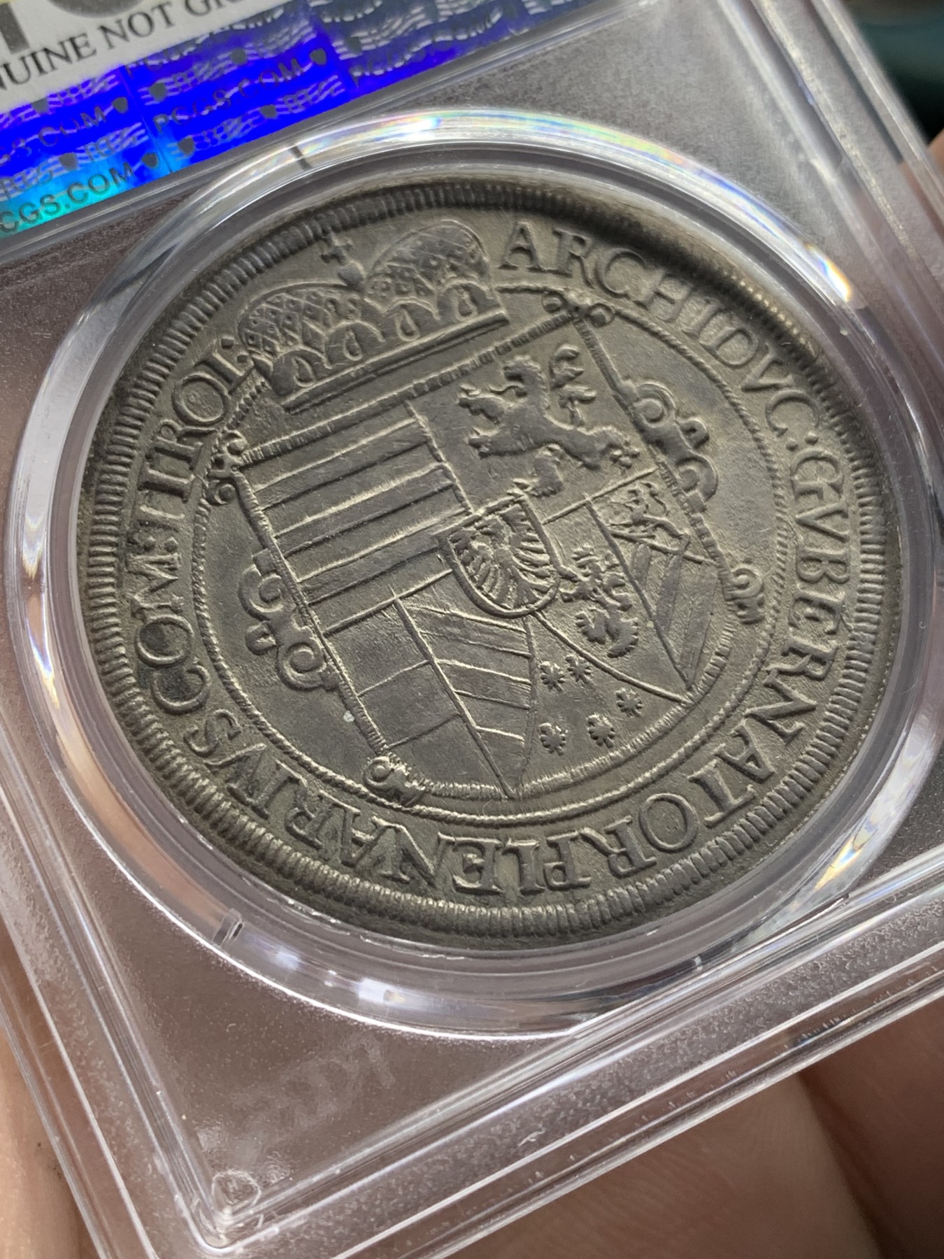 欢迎参加《竞宝斋》为国而庆 老张自藏专场 ，定制纪念章相赠 PCGS AU 神圣罗马帝国 奥地利 1621 利奥波德 泰勒大银币 双面深打 包浆币没给分也理解了 毕竟400年了