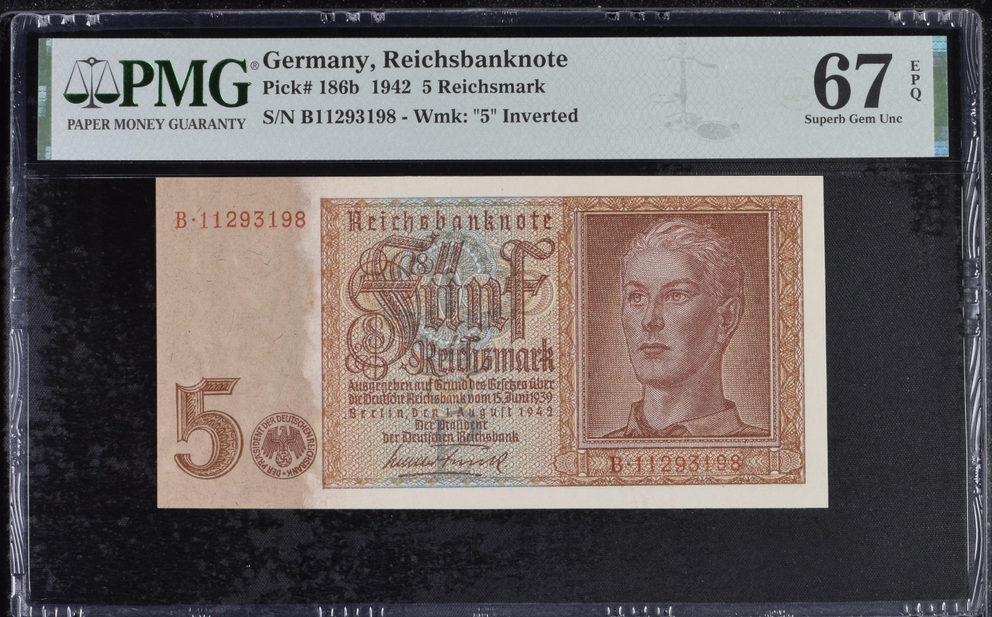 收藏联盟Quantum Auction 第294期拍卖 巴哈马彩背女王珍品 德国1942年5马克 PMG67 号码无457
