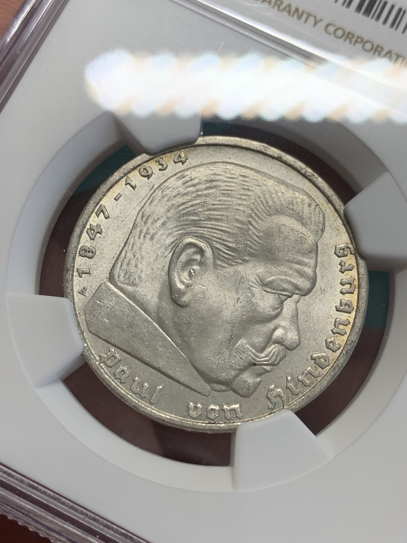 欢迎参加《竞宝斋》为国而庆 老张自藏专场 ，定制纪念章相赠 NGC MS63 德国 1936 兴登堡 5马克银币 转光 状态好