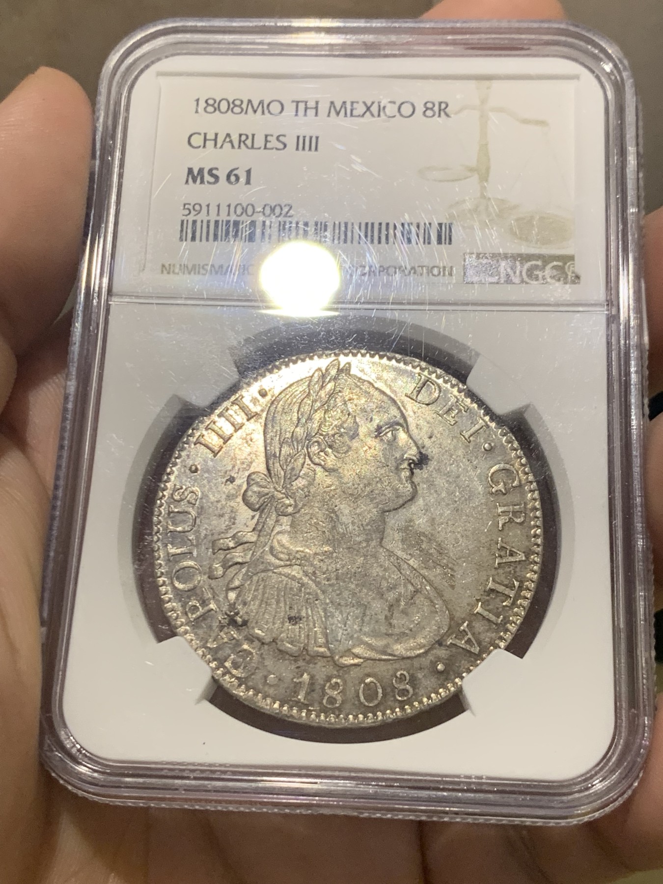 欢迎参加《竞宝斋》为国而庆 老张自藏专场 ，定制纪念章相赠 NGC MS61 墨西哥 1808年 卡四 8R 双柱大银币 双面深打 底光底板都非常好