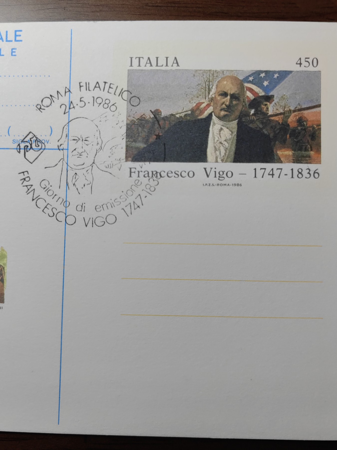 外国邮品精品专场（秒杀）第①②场 意大利86年 美独立战争英雄人物 佛朗切斯科 维戈 邮资片