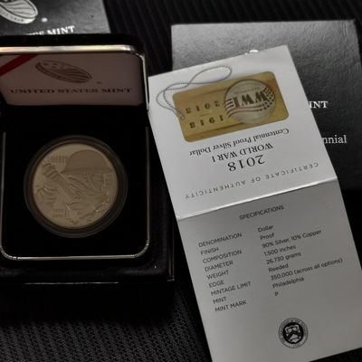 道一币馆币章第十六场 - 原盒证 美国2018年一次世界大战结束百年1美元精制纪念银币