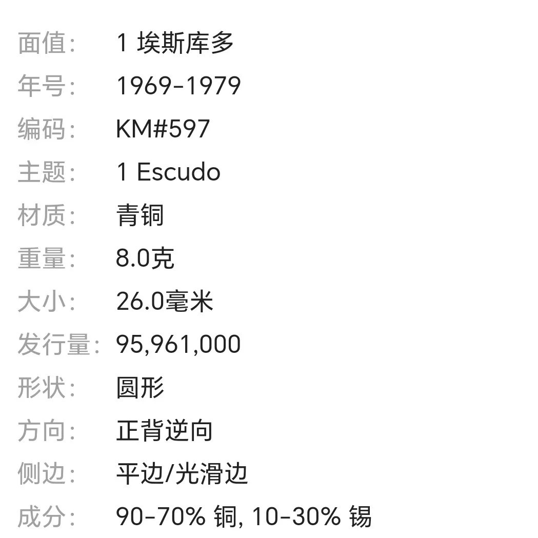 231004专场 葡萄牙1埃斯库多60-70年代十字架26mm铜币欧洲外国硬币外币3206
