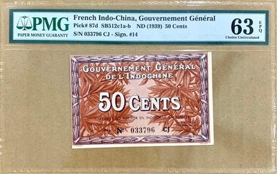 【三泉🏦Quan Se】拍卖第二十期⚖️ - 【PMG63EPQ】法属印支1939年50分（五毛）【早期法属票带EPQ少见】