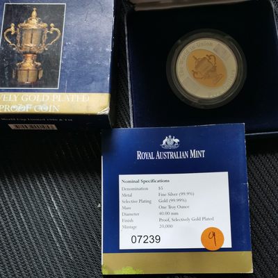 道一币馆币章第十六场 - 原盒证 澳大利亚2003年橄榄球世界杯5元镀金精制银币