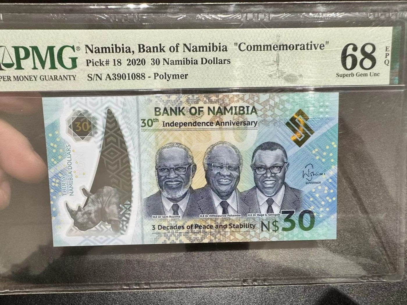 《外钞收藏家》第三百零三期（连拍第二场） 2020年纳米比亚30 PMG68 纪念钞 A冠无47尾88