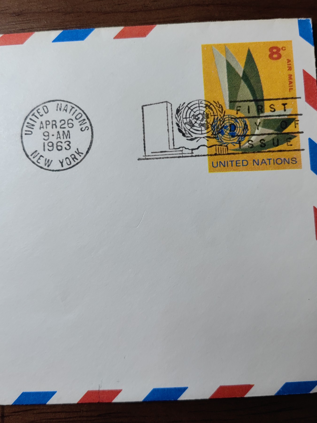 外国邮品精品专场（秒杀）第①②场 1963年联合国发行第一天压花盖章纪念航空邮封