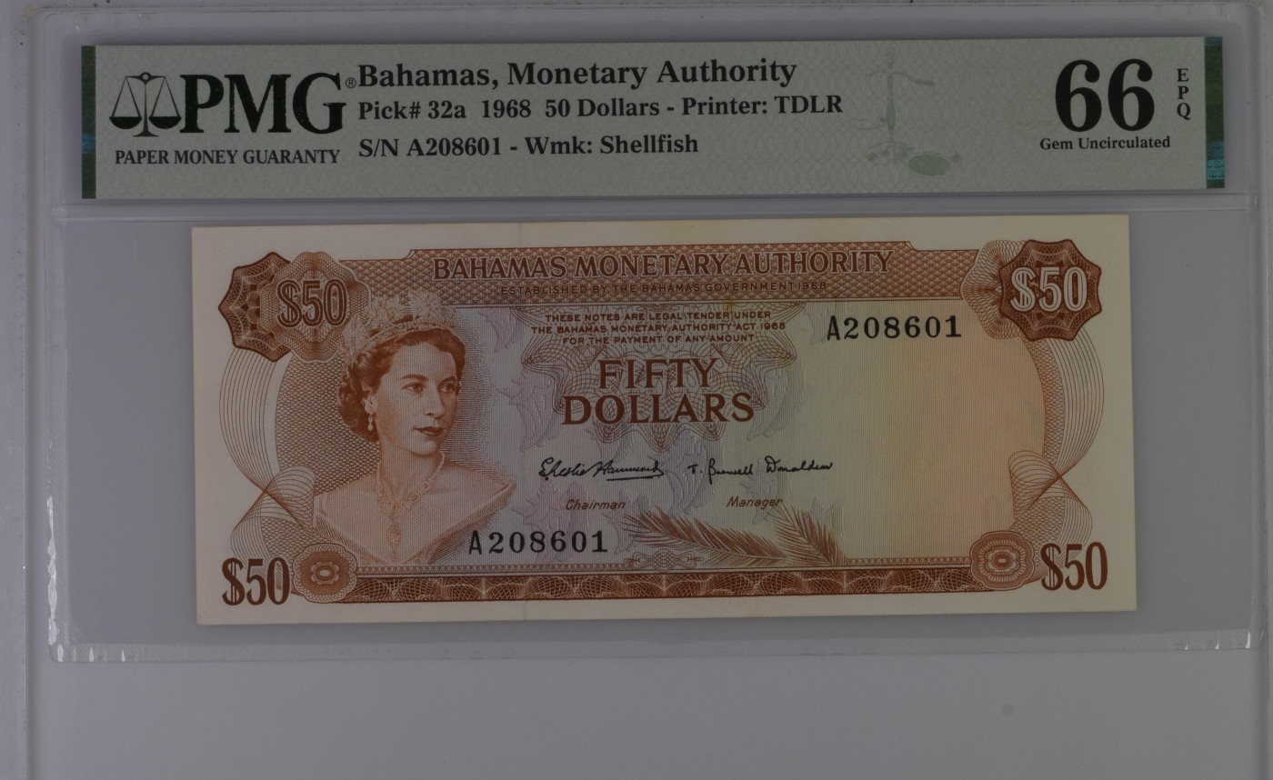 收藏联盟Quantum Auction 第294期拍卖 巴哈马彩背女王珍品 巴哈马1968年彩背版50元  PMG66 无3457朦胧号 国际大拍也罕见的大珍 冠军分