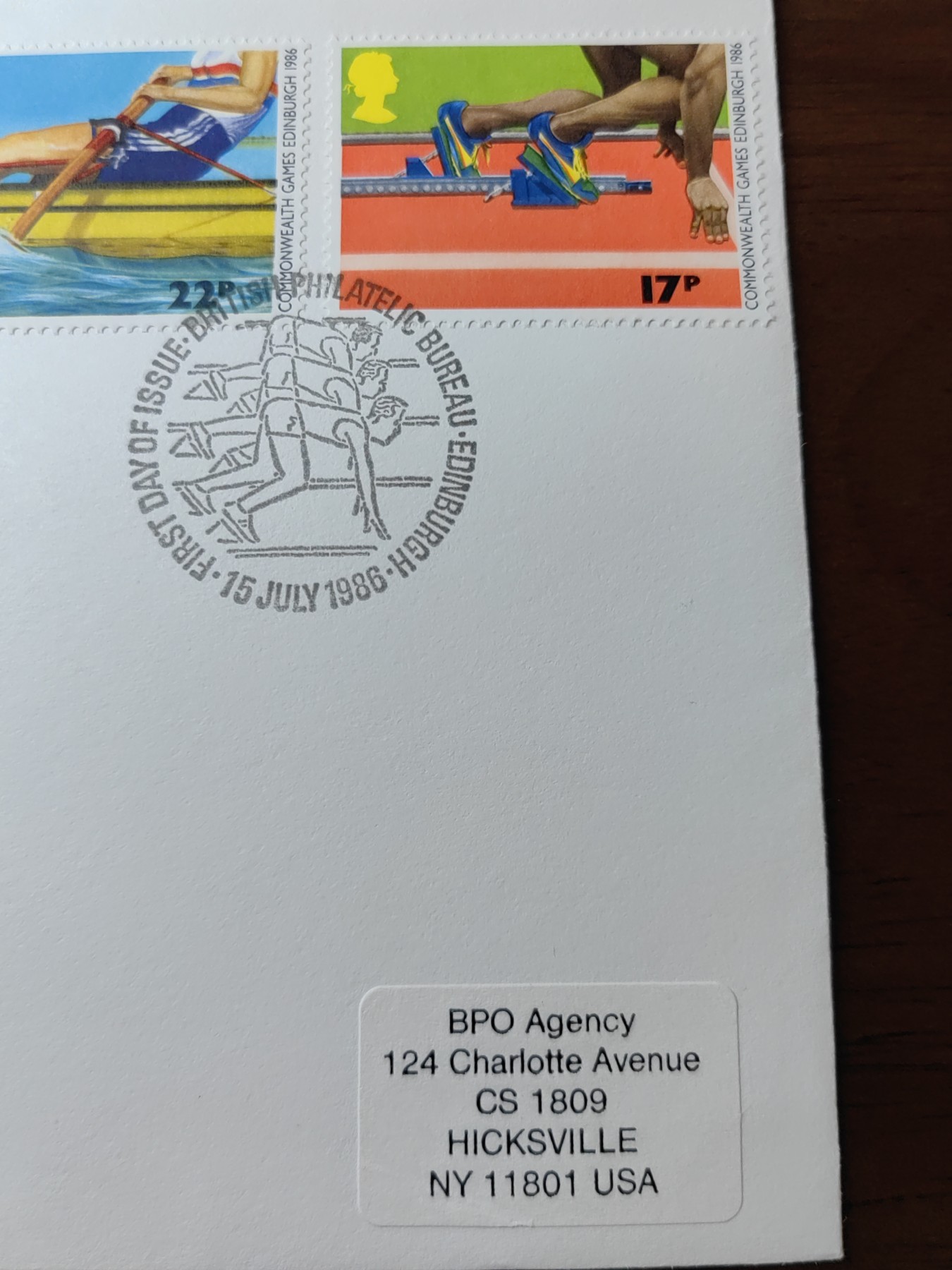 外国邮品精品专场（秒杀）第①②场 英国首日封 1986年 英联邦运动会 射击 举重 短跑 （实寄）