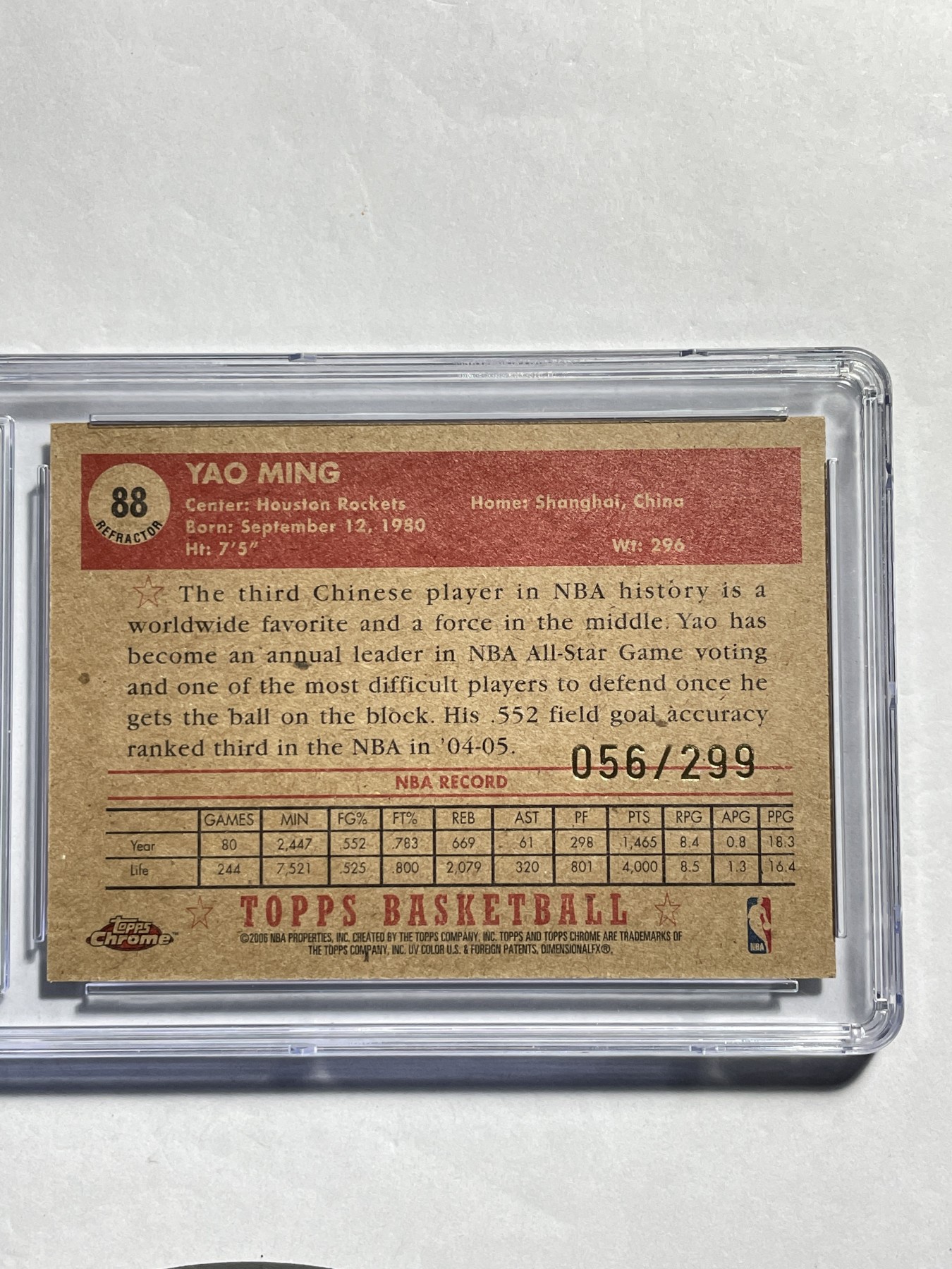 Topps 2005-06赛季 休斯顿火箭队 姚明 299编 限编卡 复古卡 折射特卡 CSG 9.5