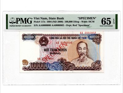 【三泉🏦Quan Se】拍卖第二十期⚖️ - 【PMG65EPQ】越南1994年10万盾“样票”（最大面值，越南末版流通纸钞）