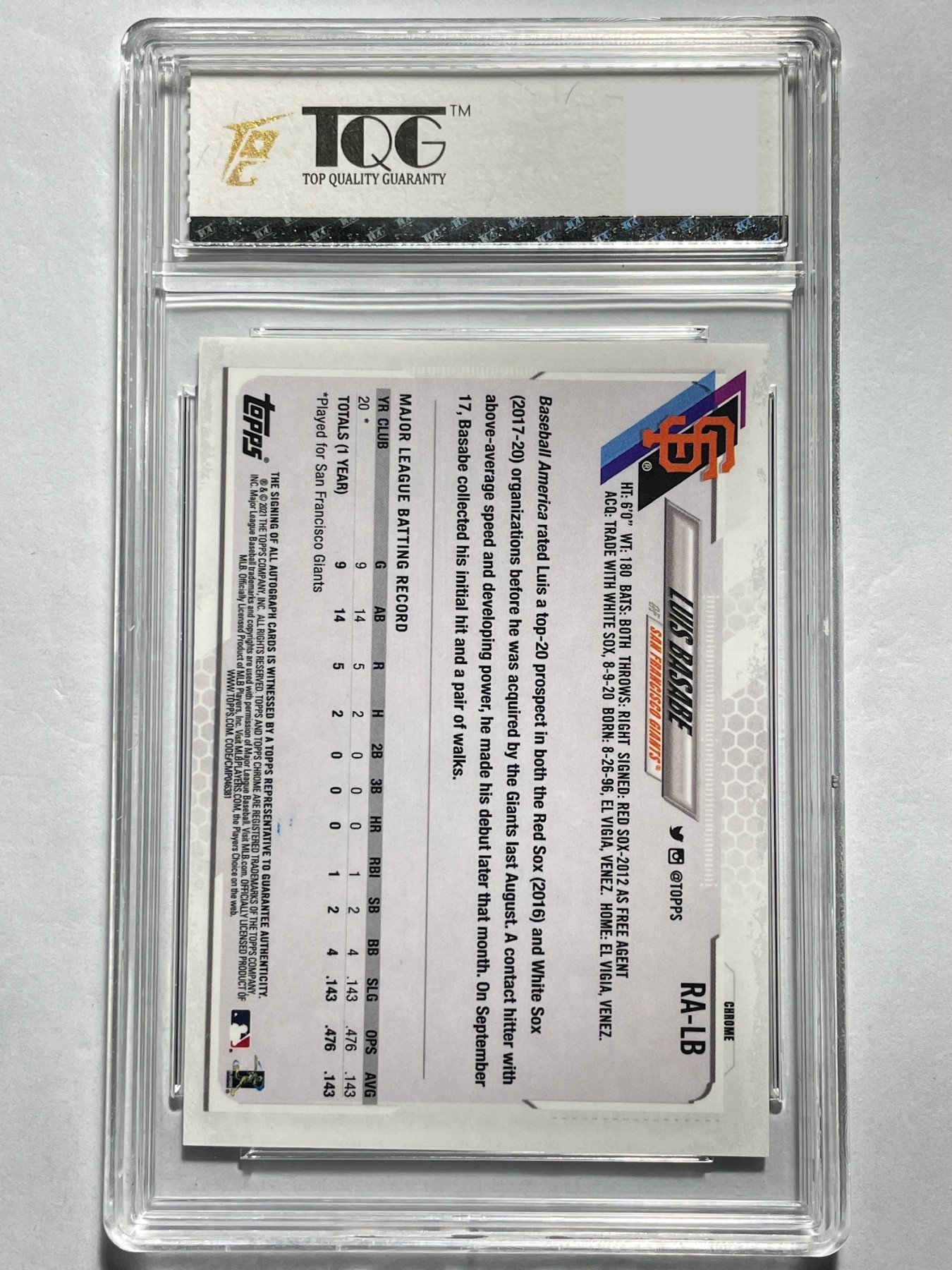 【德藏】·第5期 ·卡牌拍卖 -{ NBA,MLB,WWE···超多亲签卡 } 全场包邮 Topps Bowman 2021 MLB 旧金山巨人队 LUIS BASABE 新秀 亲签卡 卡签 TQG 9.5 签名10