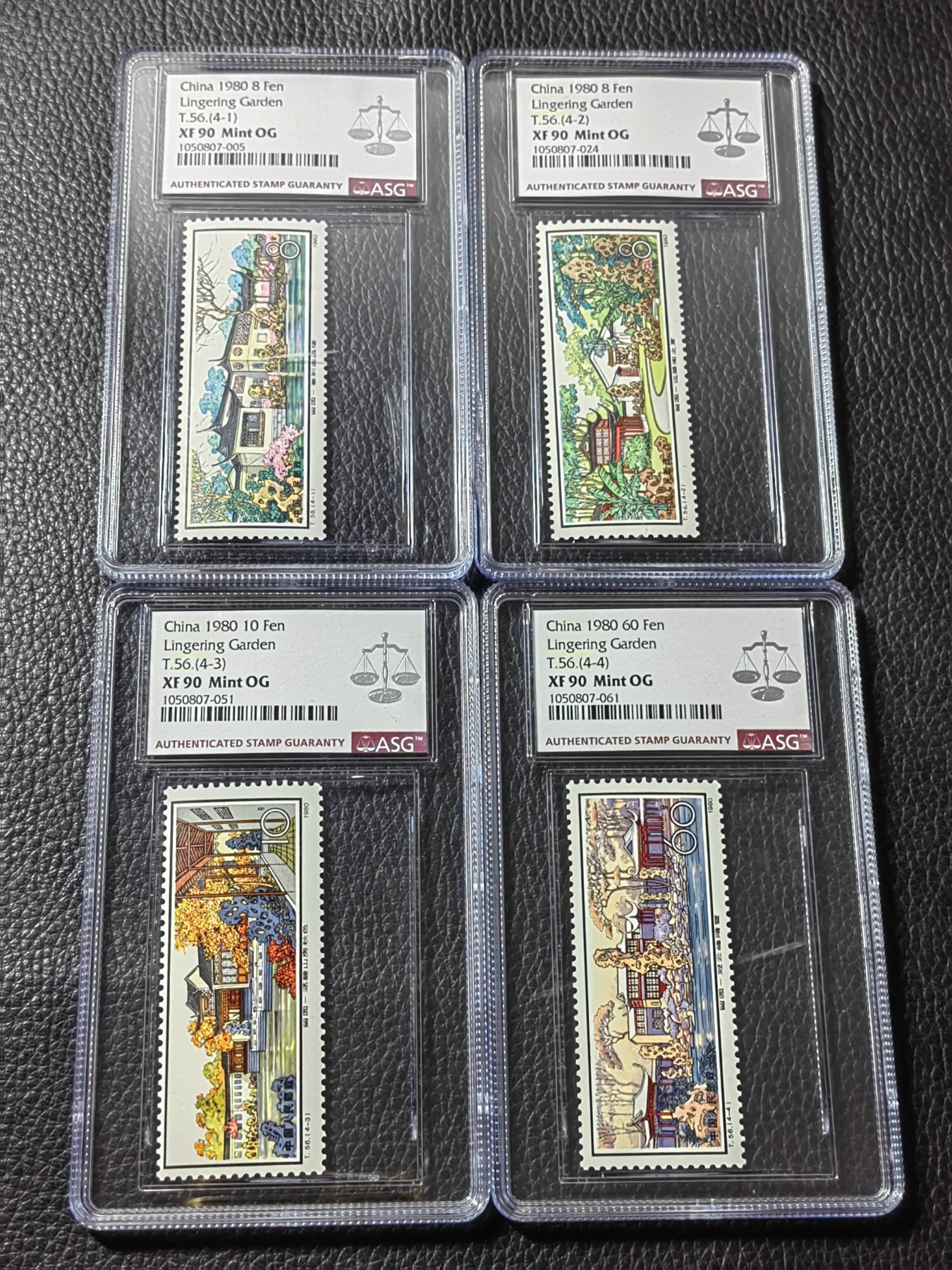 洪涛臻品批发群 精选邮票限时拍卖第四百零一期  T56留园  新全  ASG90高分一组，中盒，一手出分，非常漂亮，版撕全品送评，最严格时期一次性出分，面艳背白，票状态极佳，一枚壳子一边磕碰损伤如图，中拍金额减100元换壳费作为补偿【磕碰非筋票】