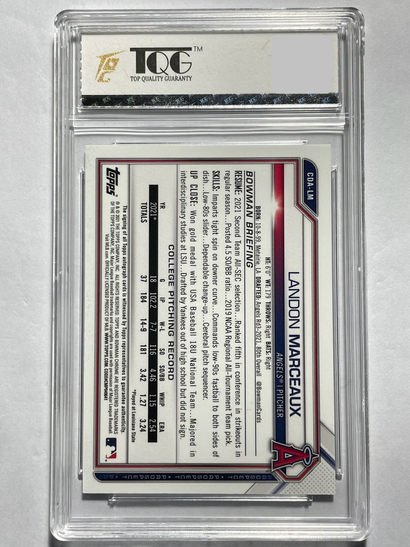 【德藏】·第5期 ·卡牌拍卖 -{ NBA,MLB,WWE···超多亲签卡 } 全场包邮 Topps Bowman 2021 MLB 洛杉矶天使 LANDON MARCEAUX 亲签卡 1ST卡签 TQG 极限9.5