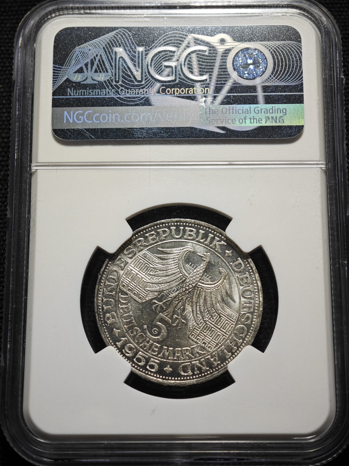 1955年 联邦德国巴登路德维希5马克银币 NGC MS64 联邦德国马克五大天王之一