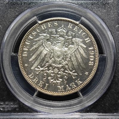 1908年 德国萨克森3马克 精制 银币 PCGS PR67DCAM 唯一记录冠军分！精面与磨砂效果相互呼应 转光层次分明 