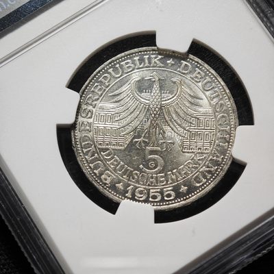 1955年 联邦德国巴登路德维希5马克银币 NGC MS64 联邦德国马克五大天王之一