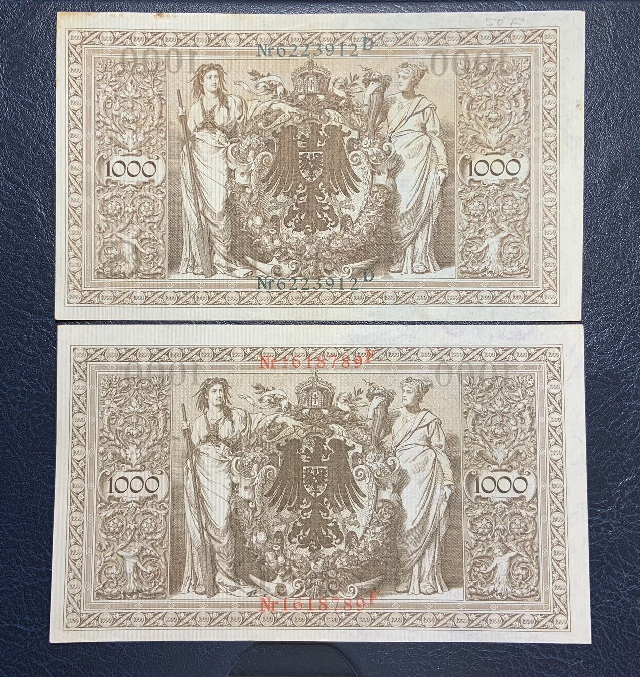 收藏联盟Quantum Auction 第295期拍卖  德国1910年1000马克一对 品相如图 红绿库印各一张