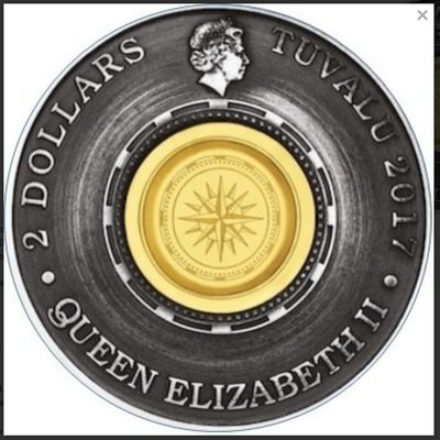 Tuvalu Perth Mint, 2017 Antique Silver Compass. 999 Silver, 62.27g, 45.5mm,  Tuvalu Perth Mint, 2017 Antique Silver Compass. 999 Silver, 62.27g, 45.5mm, 