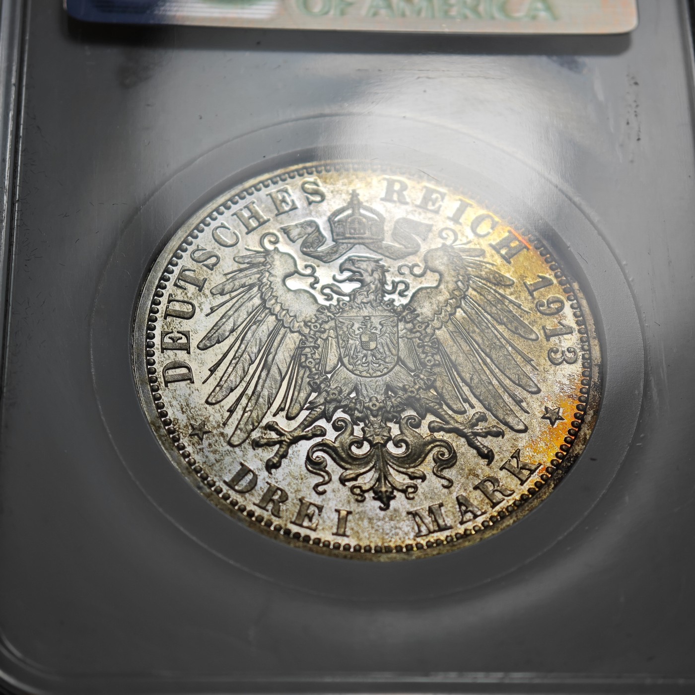 1913年 德国普鲁士军装3马克 精制 银币 NGC PF67 冠军分！顶级品相 超强精制底板中带有彩金包浆