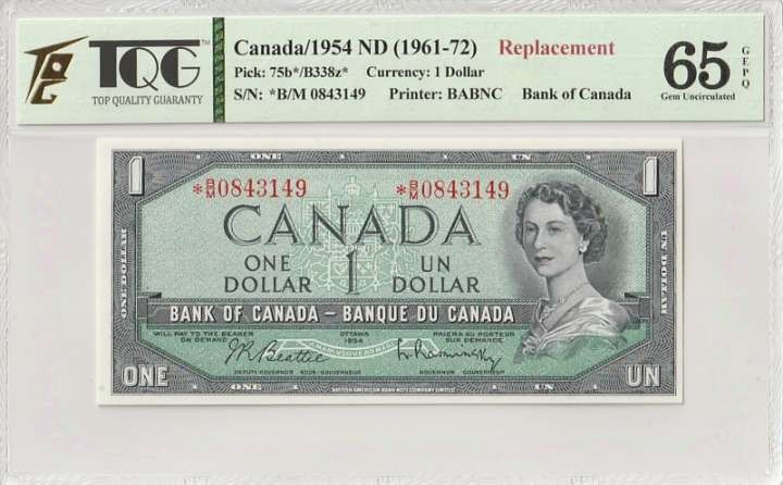 收藏联盟Quantum Auction 第295期拍卖  加拿大1954年1元 TQG65 补号
