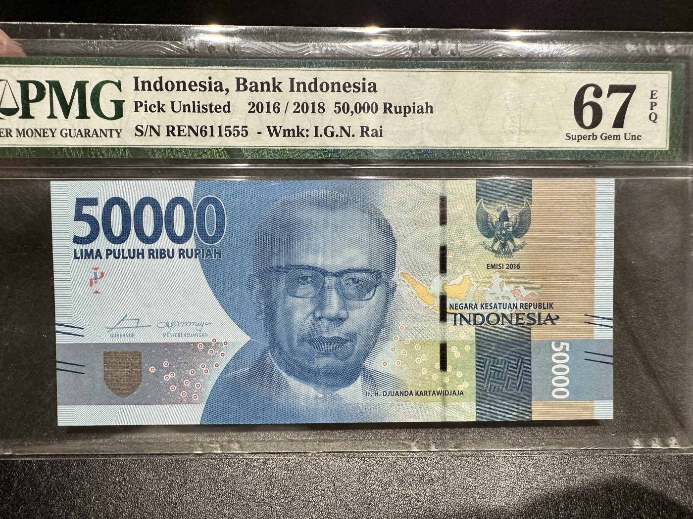 《外钞收藏家》第三百零四期（连拍第三场） 2016年印尼50000卢比 PMG67 豹子号555 与上一张同号（REN）