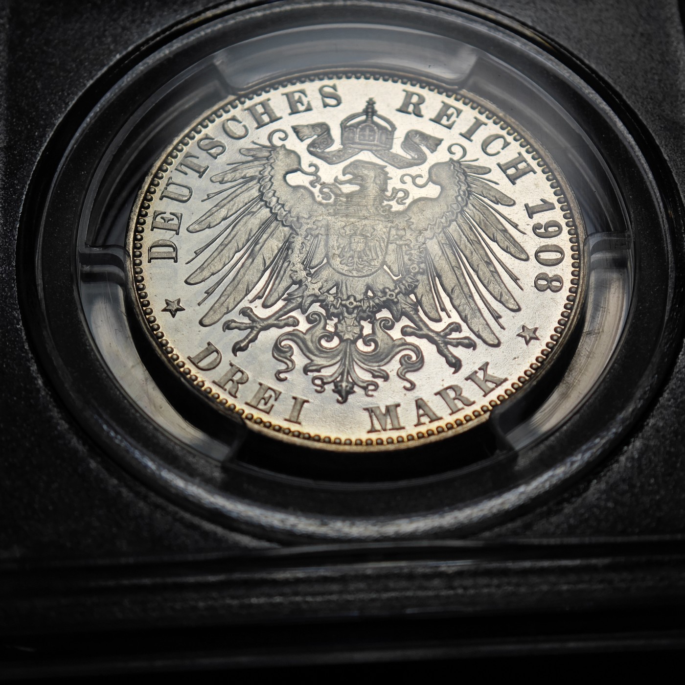 1908年 德国萨克森3马克 精制 银币 PCGS PR67DCAM 唯一记录冠军分！精面与磨砂效果相互呼应 转光层次分明 