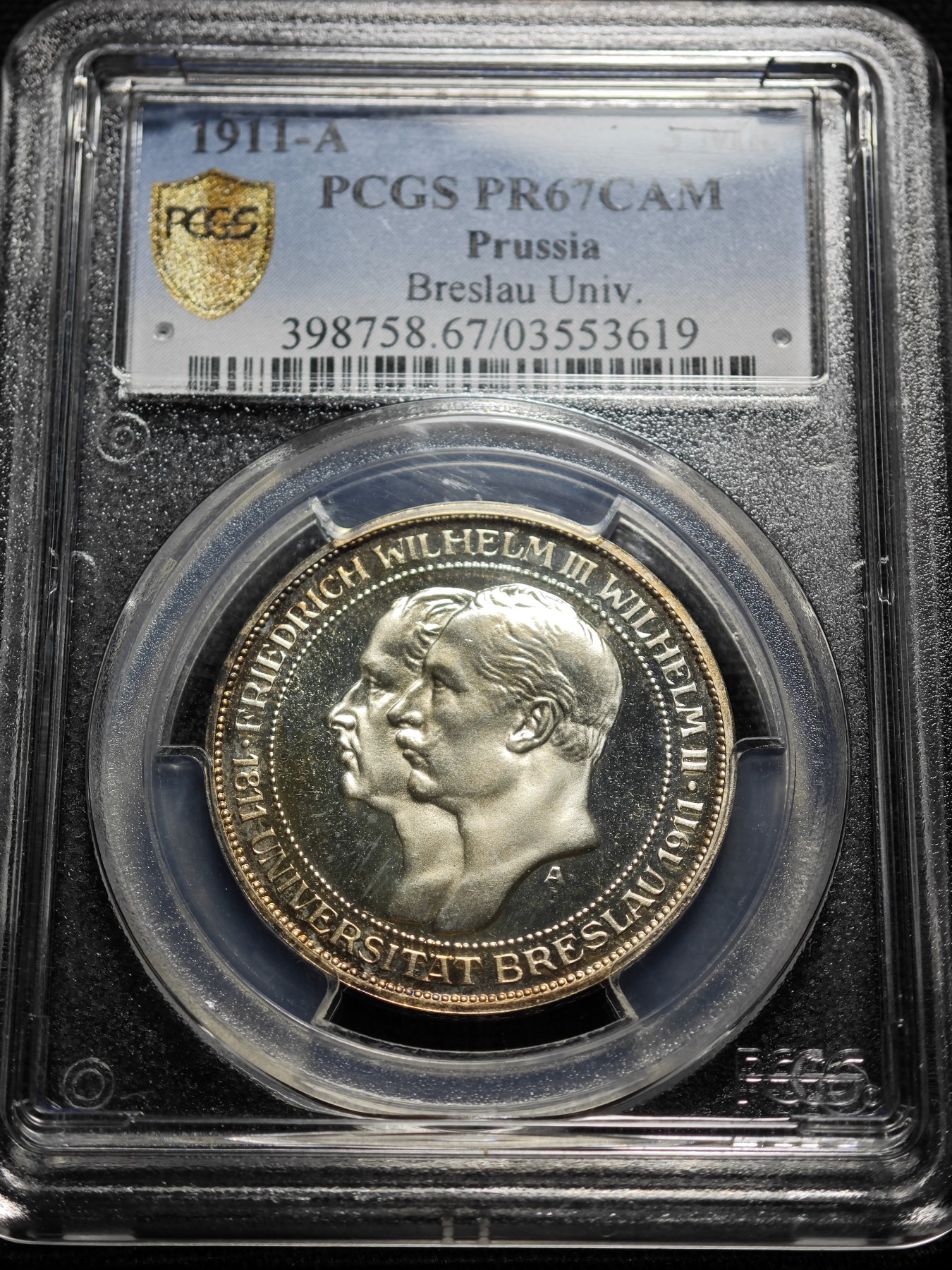 1911年 德国普鲁士3马克 精制 银币 PCGS PR67CAM 唯一记录冠军分！顶级品相 淡金包浆中包裹镜面底板的超强反光