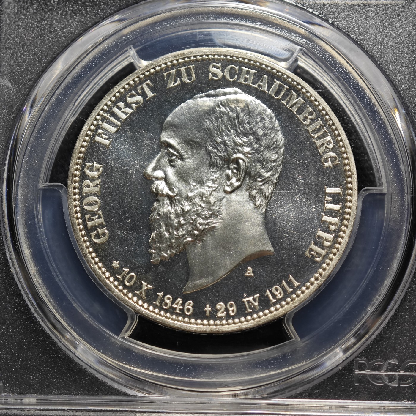 1911年 德国绍姆堡利普3马克 精制 银币 PCGS PR66+CAM 超强精制特有犀利超强转光