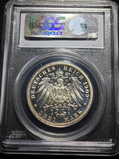 1909年 德国施瓦茨堡松德豪森3马克 精制 银币 PCGS PR67DCAM 冠军分！顶级品相 精制底板下超强转光