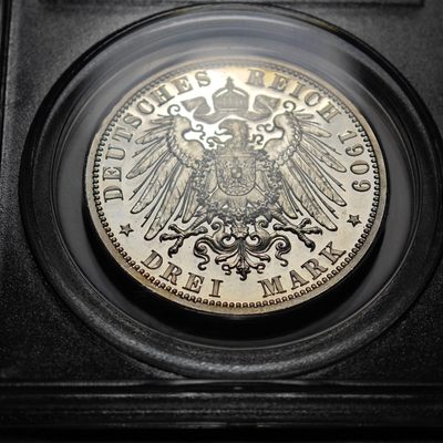 1909年 德国施瓦茨堡松德豪森3马克 精制 银币 PCGS PR67DCAM 冠军分！顶级品相 精制底板下超强转光