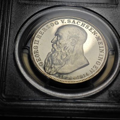 1915年 德国萨克森梅宁根3马克 精制 银币 PCGS PR67DCAM 唯一记录冠军分！精制底板原光层次分明 