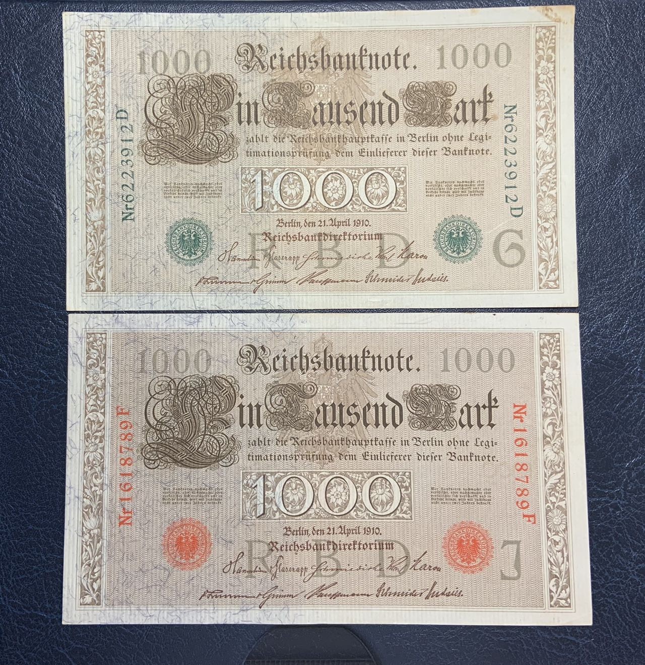 收藏联盟Quantum Auction 第295期拍卖  德国1910年1000马克一对 品相如图 红绿库印各一张