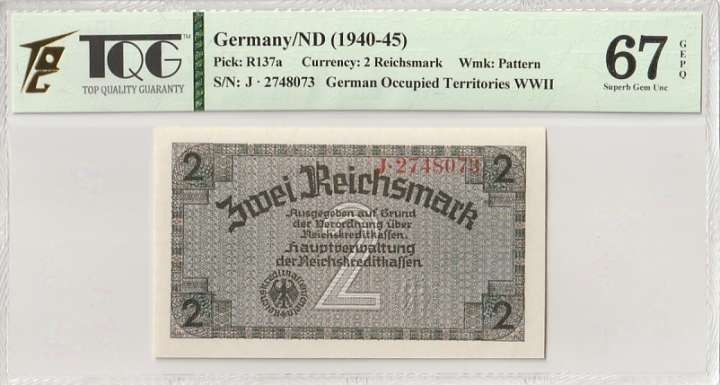 收藏联盟Quantum Auction 第295期拍卖  德国1940-45年2马克 TQG67 