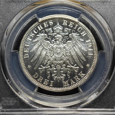 1911年 德国绍姆堡利普3马克 精制 银币 PCGS PR66+CAM 超强精制特有犀利超强转光