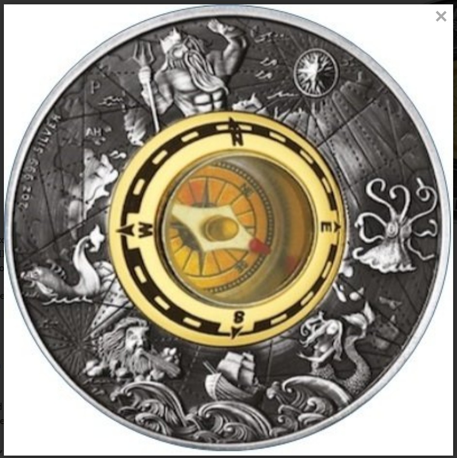Tuvalu Perth Mint, 2017 Antique Silver Compass. 999 Silver, 62.27g, 45.5mm, 