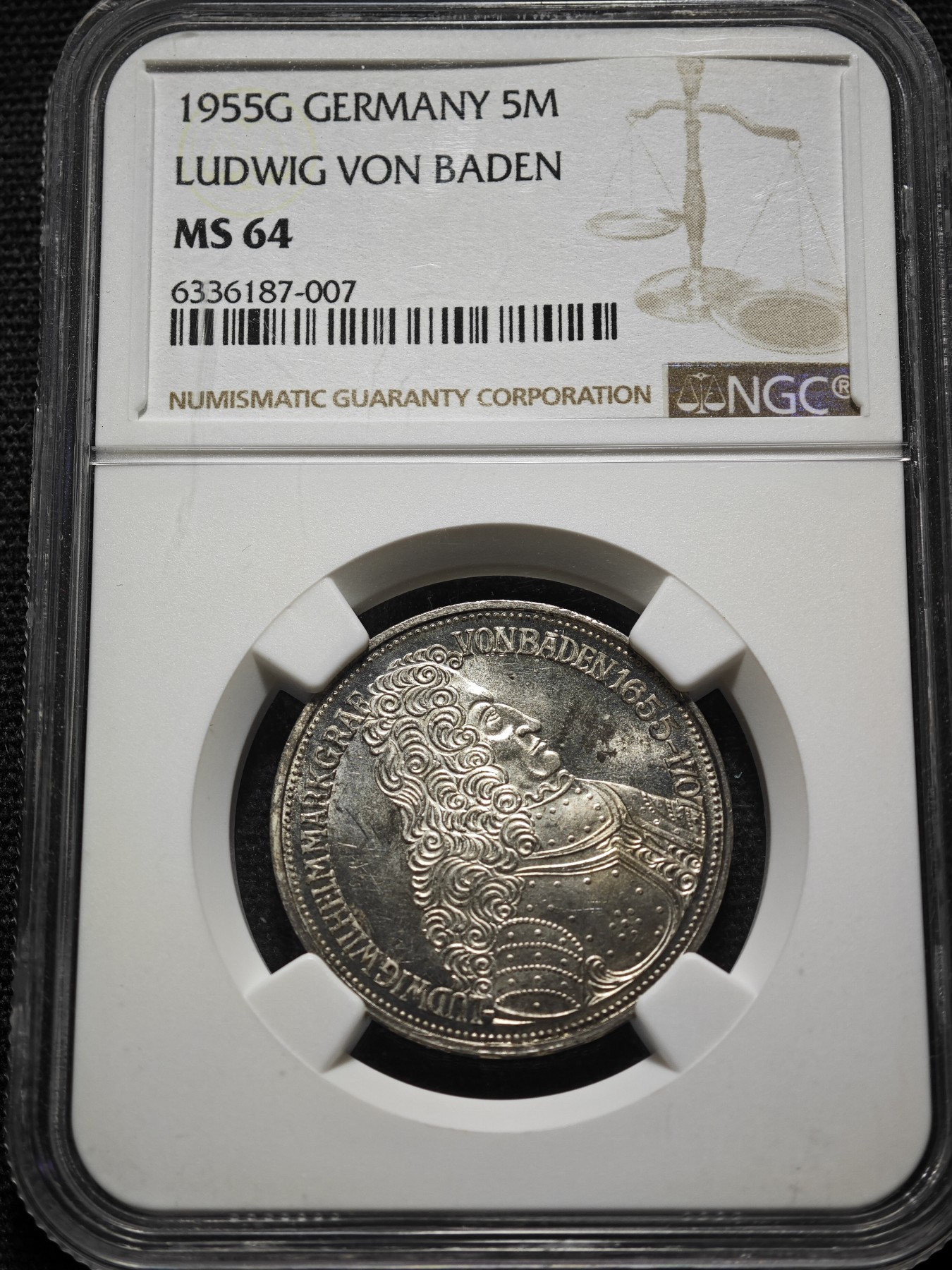 1955年 联邦德国巴登路德维希5马克银币 NGC MS64 联邦德国马克五大天王之一