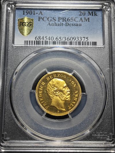 1901年 德国安哈特-德绍精制20马克 精制 金币 PCGS PR65CAM 唯一记录冠军分！充分体现黄金特有光泽