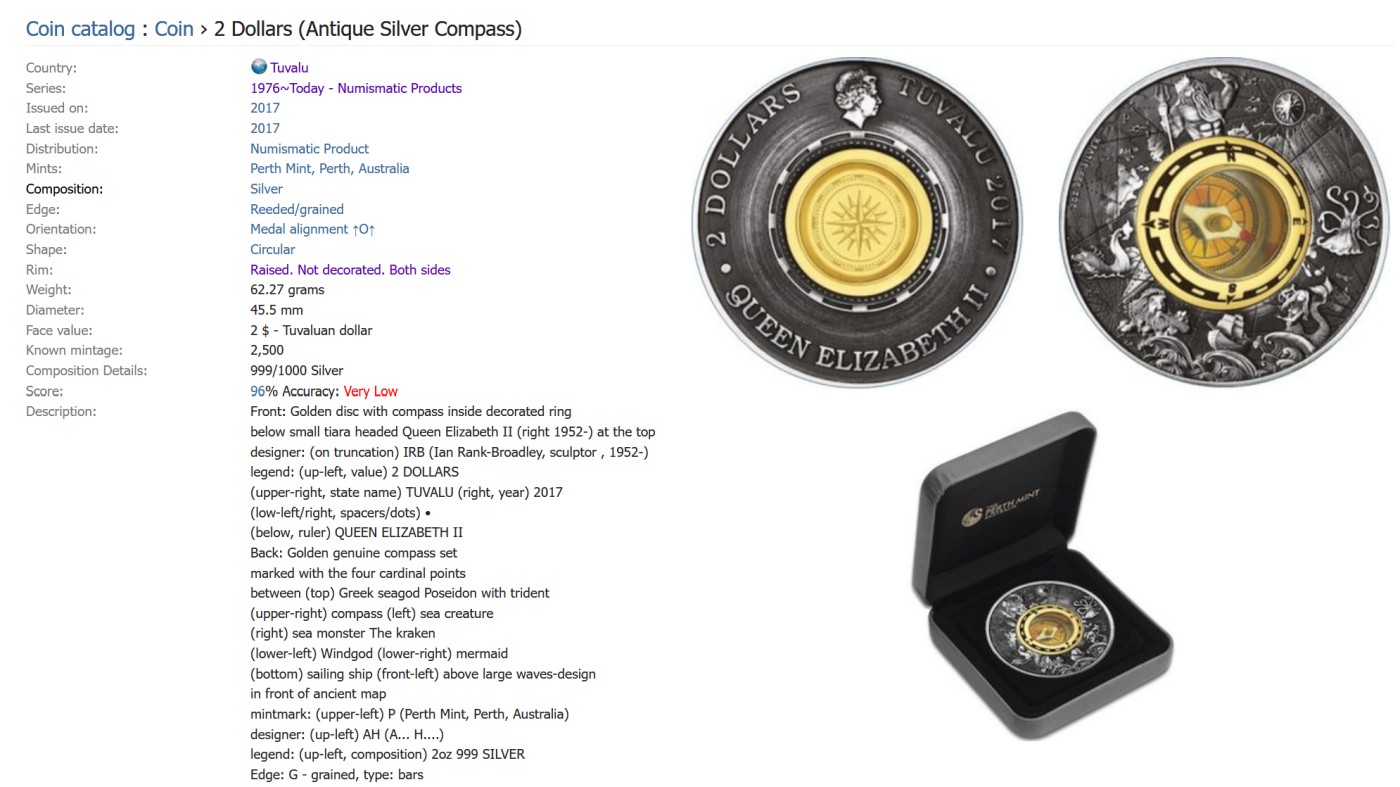 Tuvalu Perth Mint, 2017 Antique Silver Compass. 999 Silver, 62.27g, 45.5mm, 