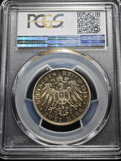 1913年 德国普鲁士威廉二世军装2马克 精制 银币 PCGS PR67CAM 冠军分！顶级品相 彩色包浆中不失精制底板独有的平滑细润光泽