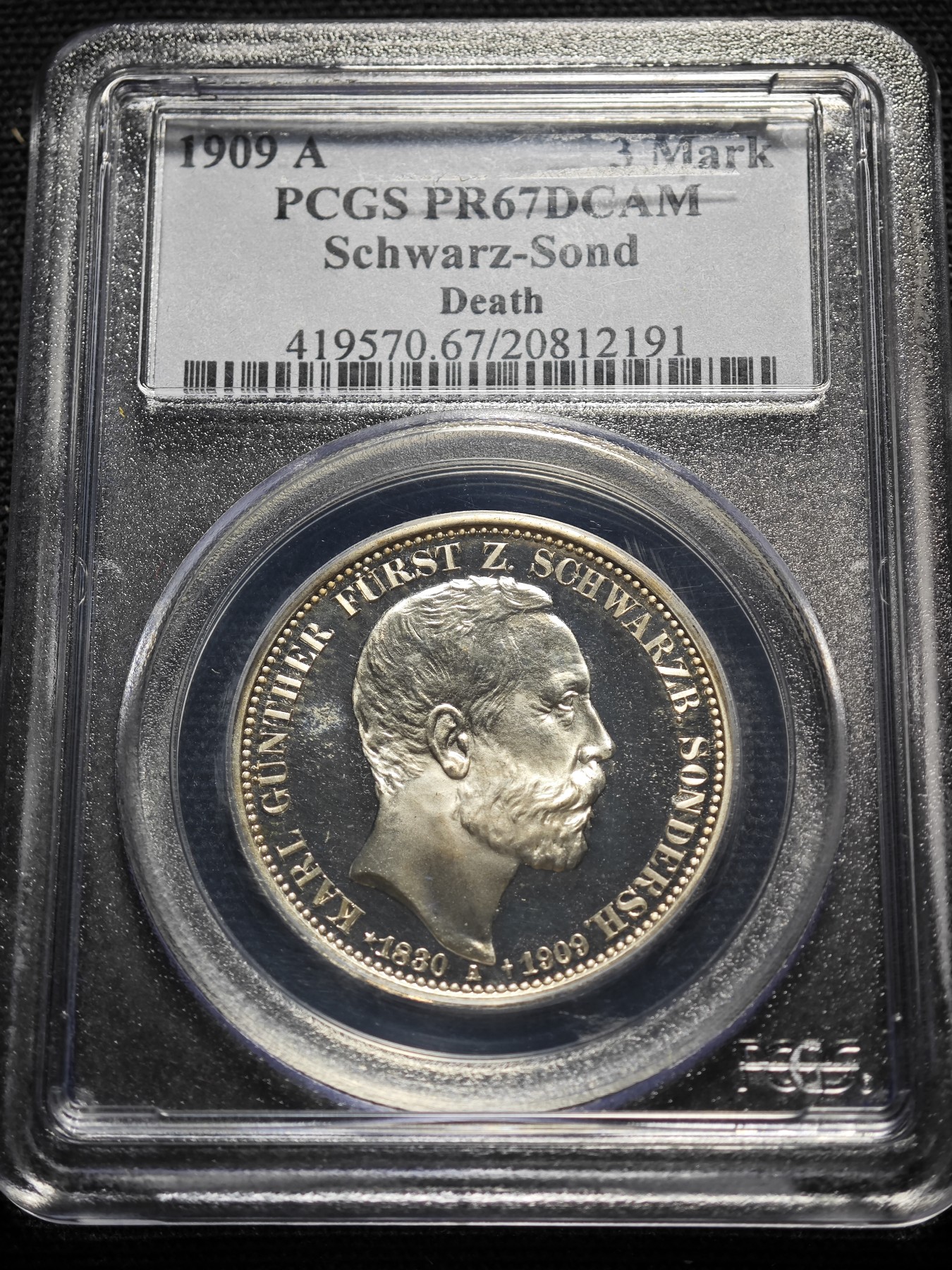 1909年 德国施瓦茨堡松德豪森3马克 精制 银币 PCGS PR67DCAM 冠军分！顶级品相 精制底板下超强转光