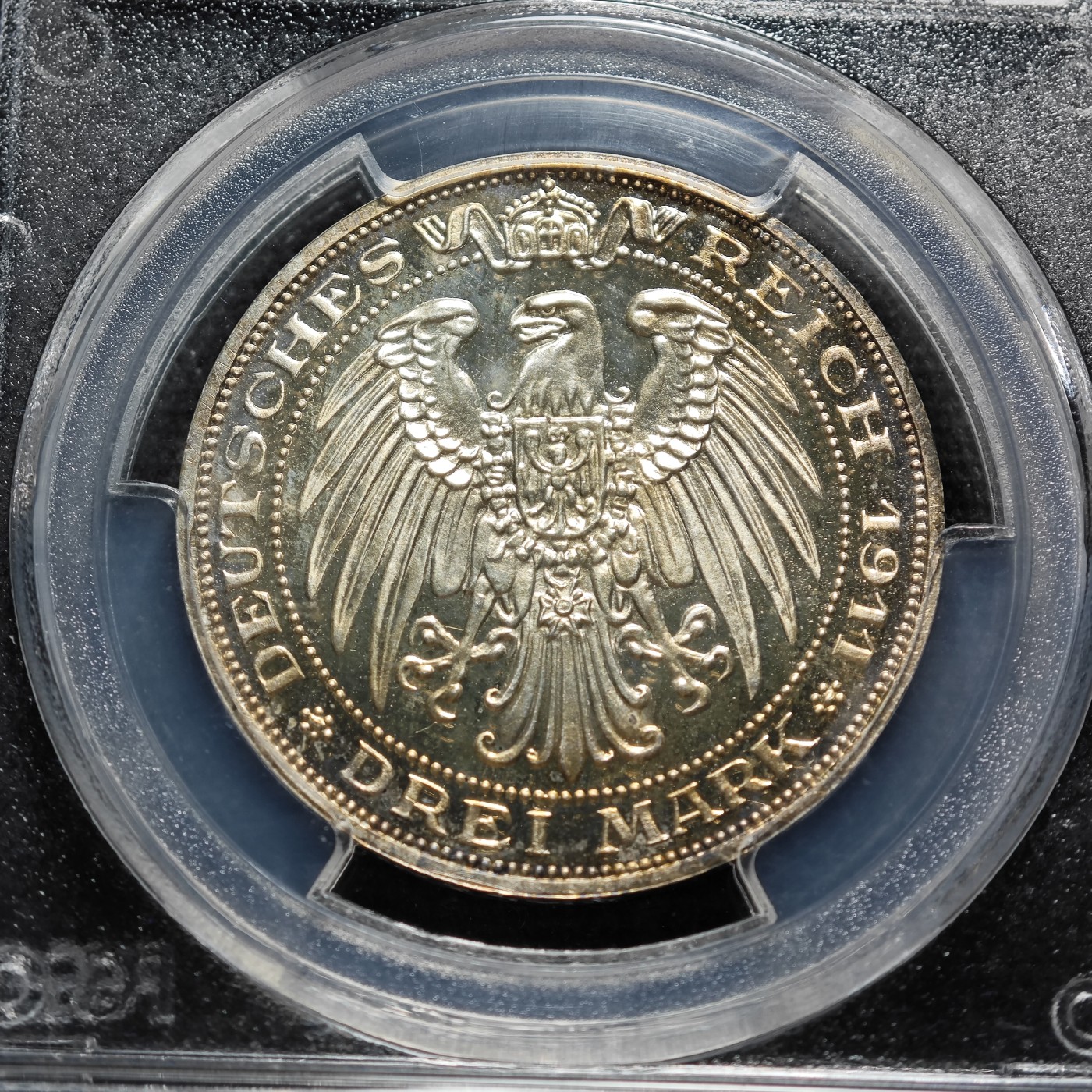 1911年 德国普鲁士3马克 精制 银币 PCGS PR67CAM 唯一记录冠军分！顶级品相 淡金包浆中包裹镜面底板的超强反光