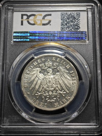 1916年德国符腾堡威廉二世登基25周年3马克银币 符腾堡马克币王！实铸量仅350枚！PCGS PR67 顶级品相 稀有品种！ 
