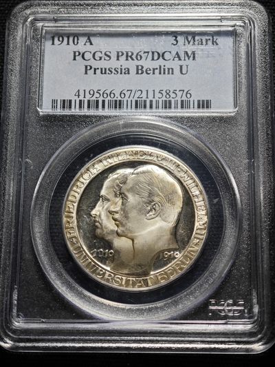 1910年 德国柏林大学3马克 精制 银币 PCGS PR67DCAM 唯一记录冠军分！顶级品相 一步到位 一步到位