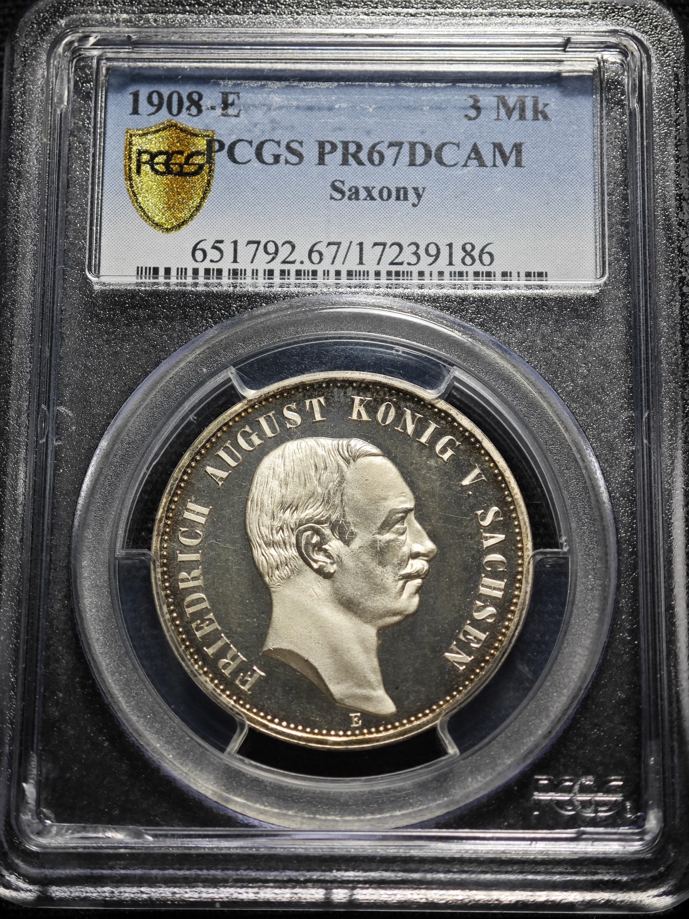 1908年 德国萨克森3马克 精制 银币 PCGS PR67DCAM 唯一记录冠军分！精面与磨砂效果相互呼应 转光层次分明 