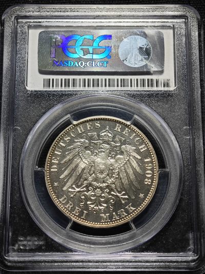 1908年 德国萨克森3马克 精制 银币 PCGS PR67DCAM 唯一记录冠军分！精面与磨砂效果相互呼应 转光层次分明 