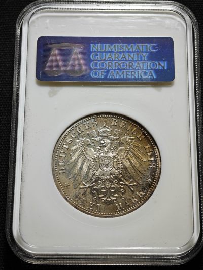 1913年 德国普鲁士军装3马克 精制 银币 NGC PF67 冠军分！顶级品相 超强精制底板中带有彩金包浆