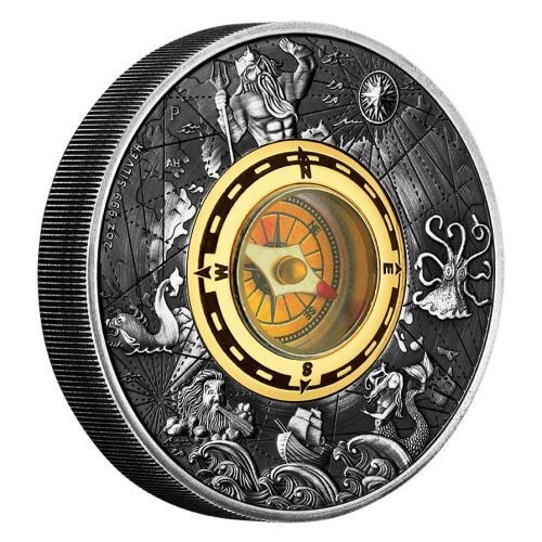 Tuvalu Perth Mint, 2017 Antique Silver Compass. 999 Silver, 62.27g, 45.5mm, 