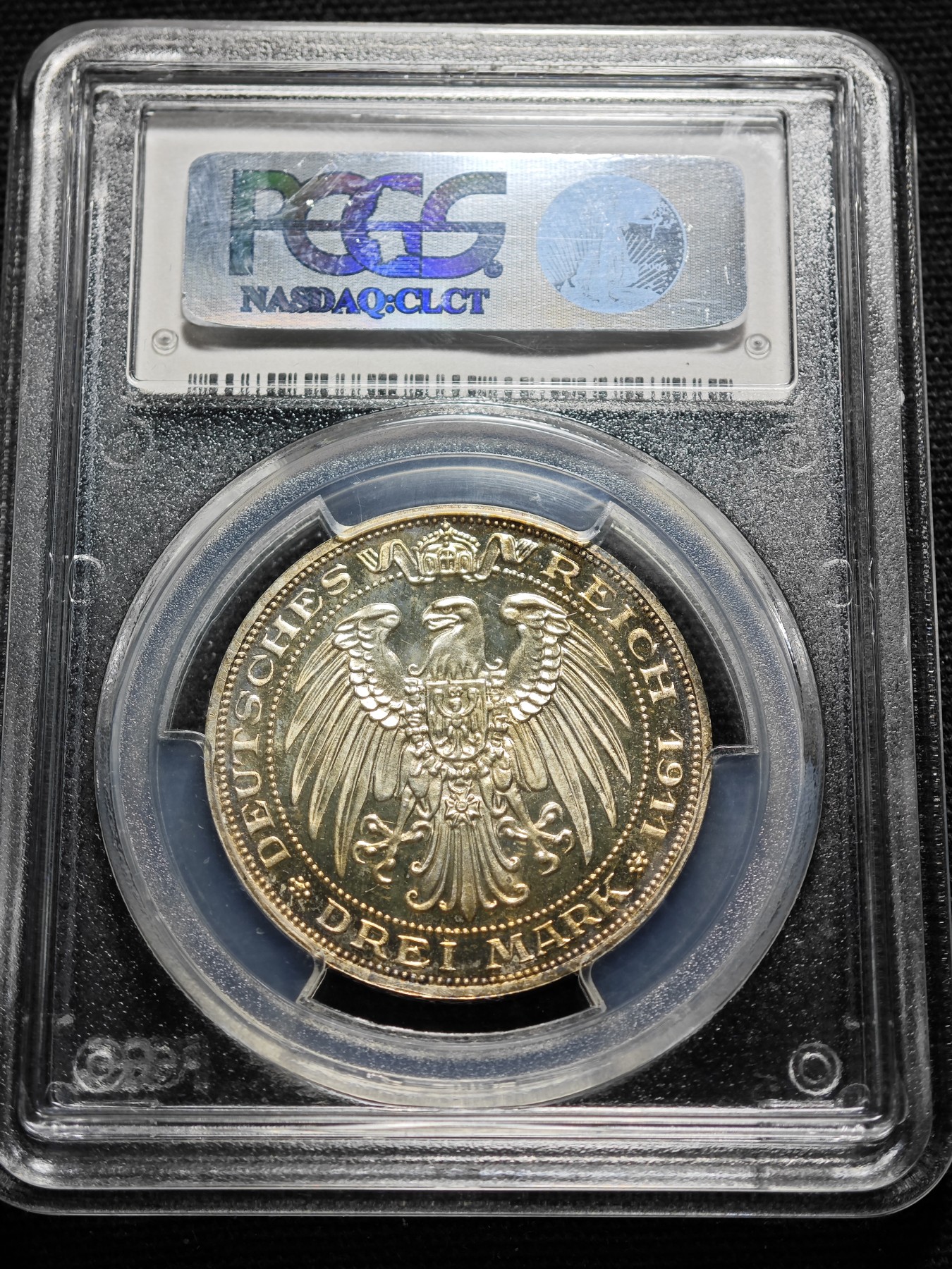 1911年 德国普鲁士3马克 精制 银币 PCGS PR67CAM 唯一记录冠军分！顶级品相 淡金包浆中包裹镜面底板的超强反光