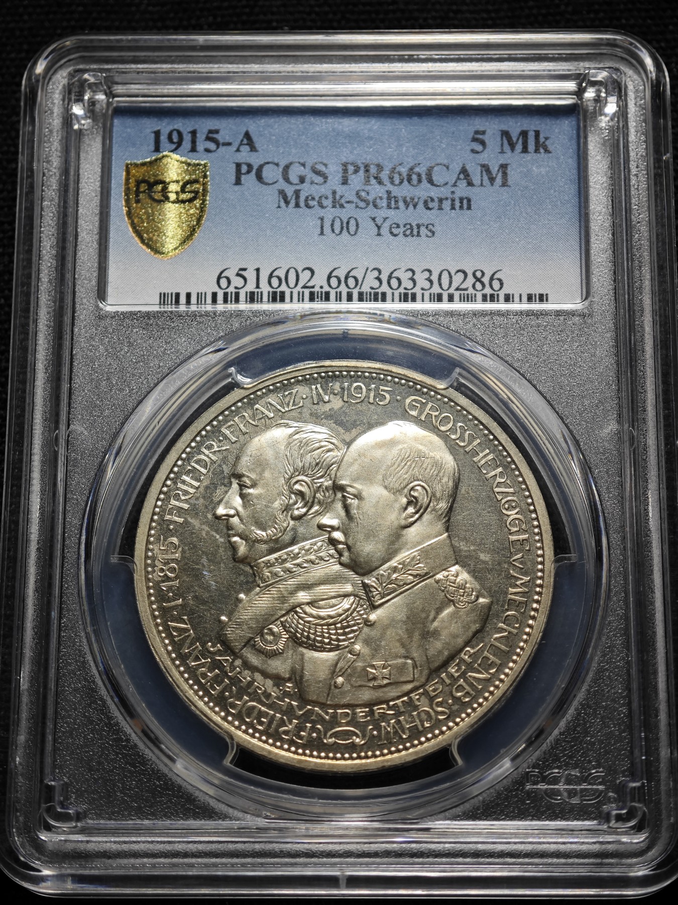 1915年 德国梅克仑堡什未林5马克 精制 银币 PCGS PR66CAM 顶级品相 超原光 状态极佳